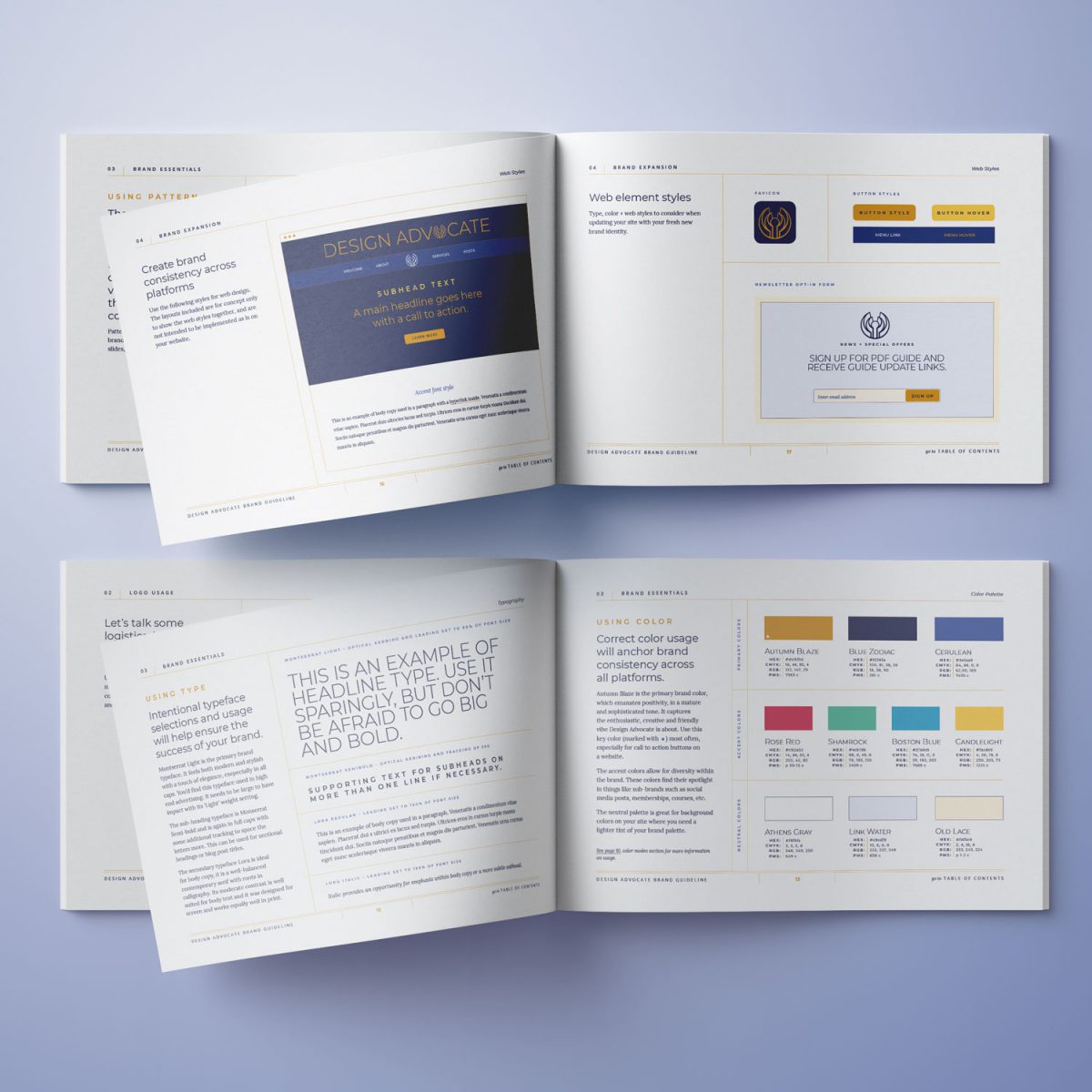 Essential Brand Style Guide from Design Advocate showing Sample Pages