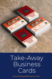 Take-Away Business Cards designed by Design Advocate, showing a stack of 4 cards
