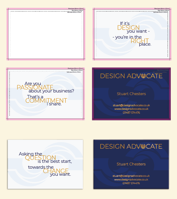 Business Card Template samples showing various stages of the process