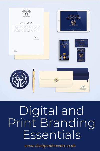 Digital and Print Branding Essentials Portfolio Sample showing Design Advocate on mobile, tablet and business card and stationery.