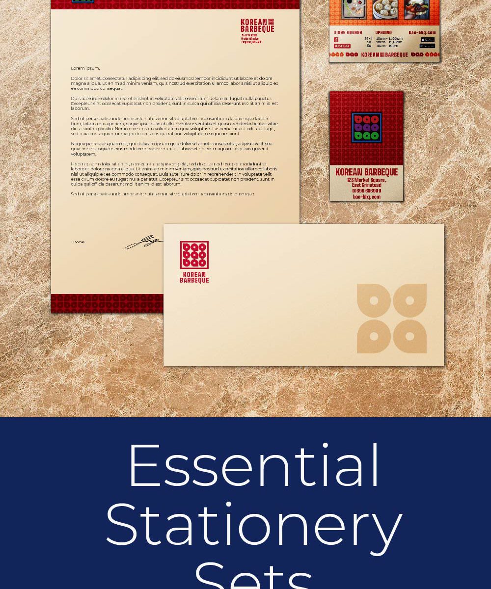 Essential Stationery Sets designed by Design Advocate showing Headed Letter, Envelope and Business Card front and back