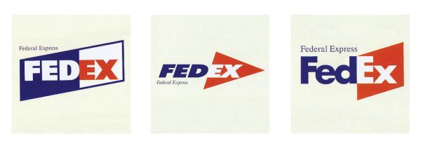Samples of other FedEx logo redesigns all showing elements of the negative space right facing arrow.